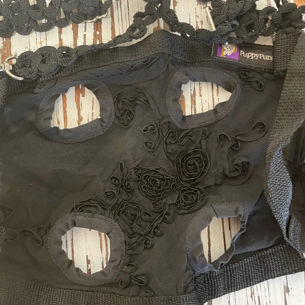 Black Floral Puppy Purse and Harness Large